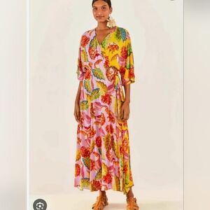 FARM Rio Mixed Beaks And Bananas Lilac Yellow Maxi Wrap Dress Small